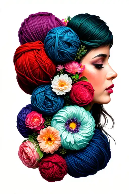 Lots Of Different Flowers In Balls Of Yarn On Top Of Female Head Side Profile