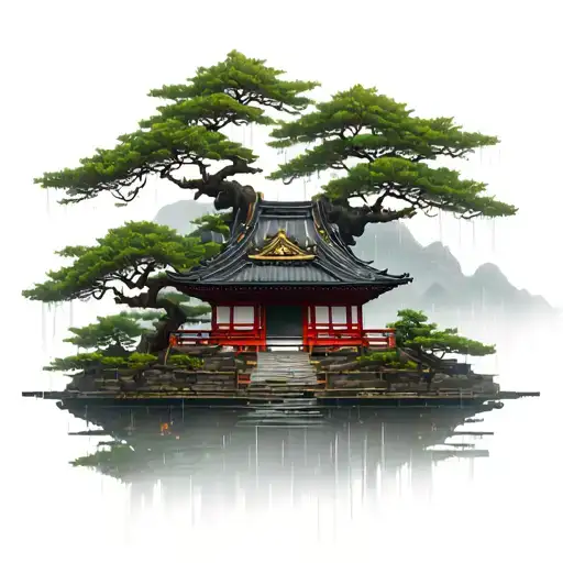 Japense Temple With Bonzi Trees After A Heavy Rain