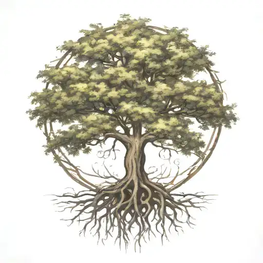 Willow Oak Tree With Roots Encircling The Earth