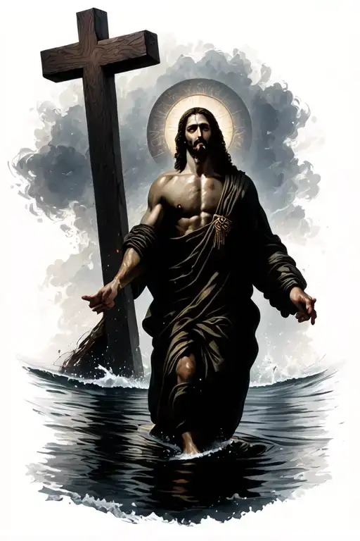 Jesus Christ Walking On Water With Cross Behind Him