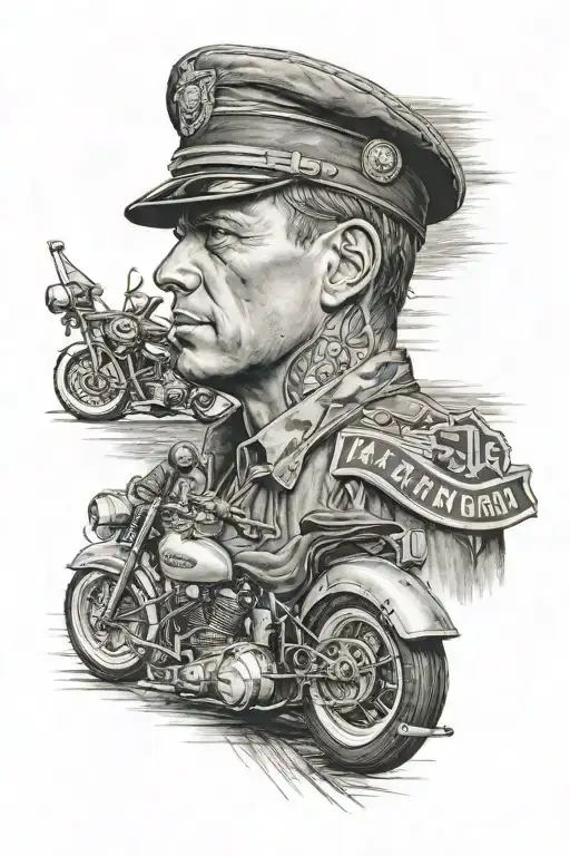 French Military Portrait And Harley Davidson And Road