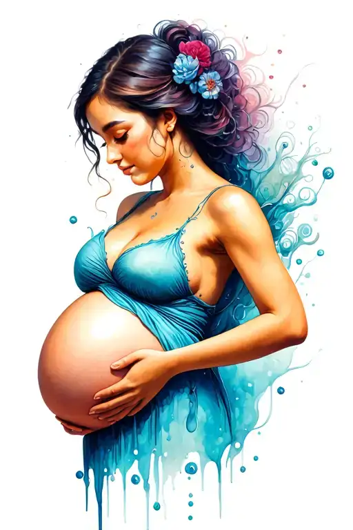 A Beautiful Feminine Woman Pregnant With Baby And Placenta Water Color