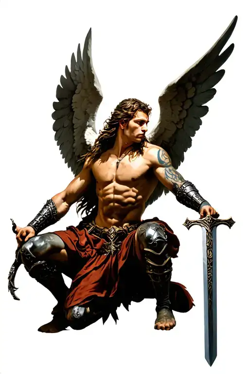 Warrior Angel Kneeling With Sword Standing With Wings Wide Open