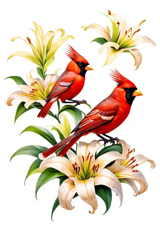 Tiger Lilies And Red Cardinals Flying