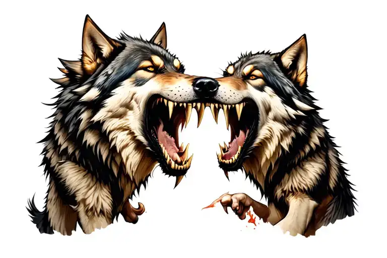 Two Fighting Wolves With Big Fangs Angry