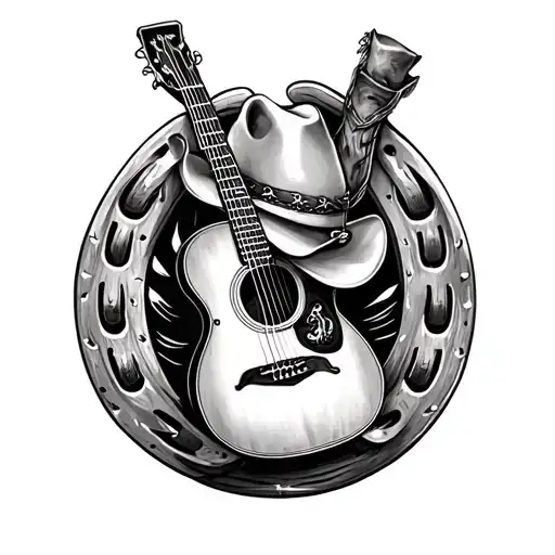 Country Music Guitar Surrounded Horseshoe Cowboy Hat Boot