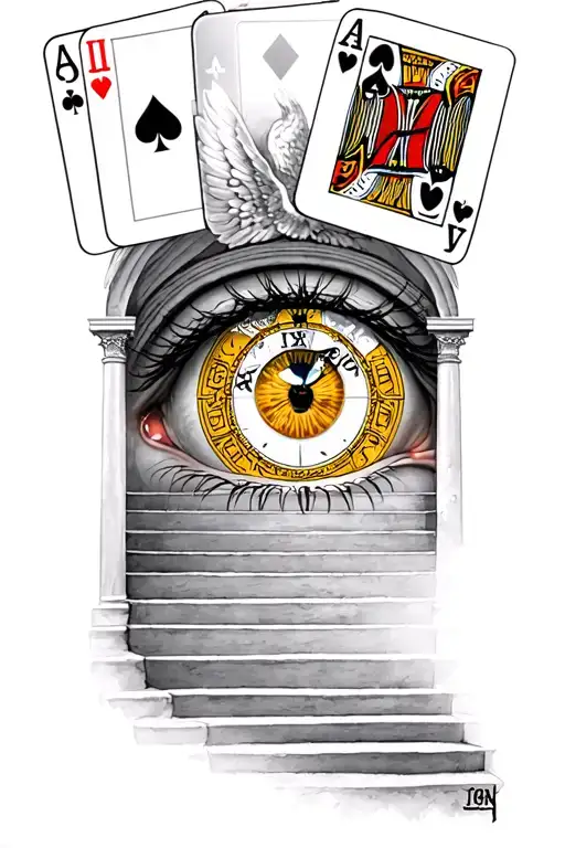 Playing Cards Above A Eye Within A Roman Clock Above A Stairway To Heaven