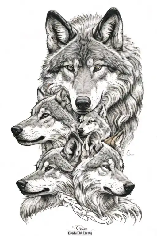 Wolf Parents Looking Over Chlidren Boy And Girl