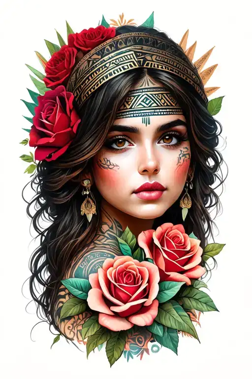 Beautiful Girl With Roses And Aztec Symbols