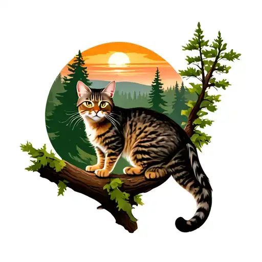 Scottish Wildcat On A Tree Branch And Forest With Sunset In Distance