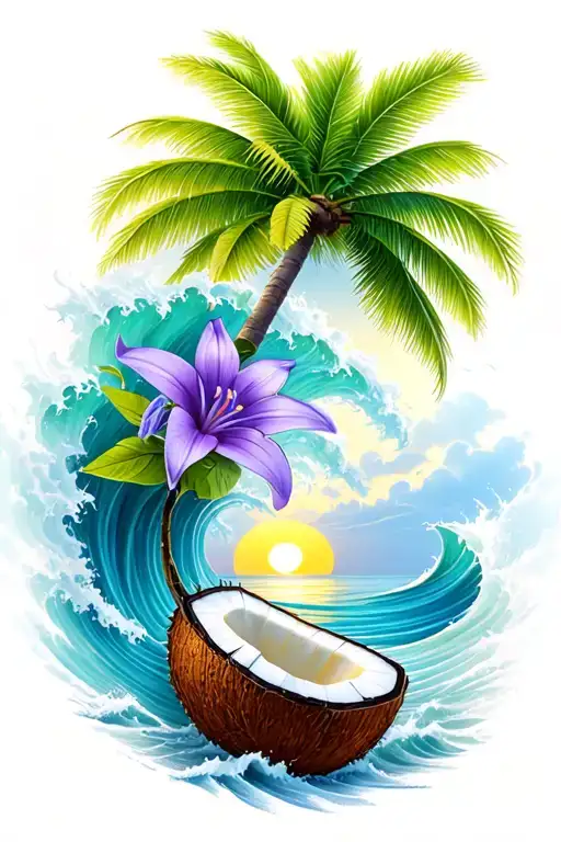 Sun Rise And Coconut Tree And Violet Flower And Snowdrop Flower With Ocean Waves Blue Hurricane