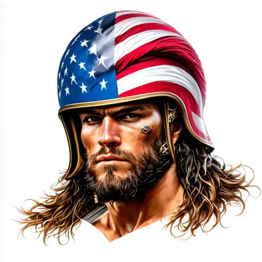 Spartan Warrior With American Flag Through Helmet Hair