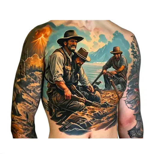 Arm Sleeve Tattoo With A Gold Prospecting Scene