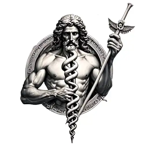 Hipocrate Holding Rod Of Asclepius Surrounded