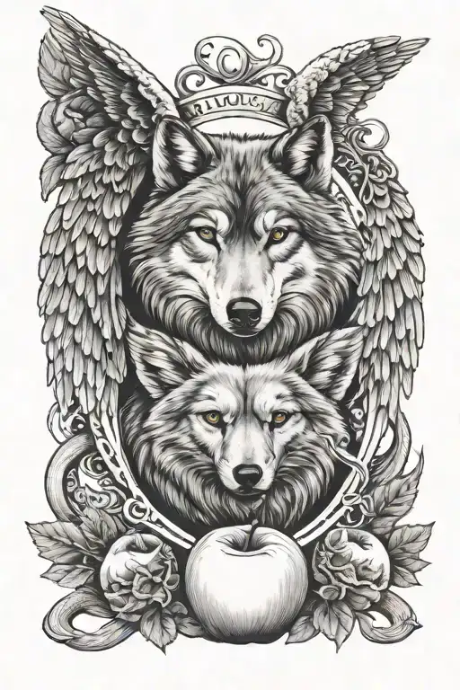 Wolf Face Angel Wings Apple And Snake Around The Apple