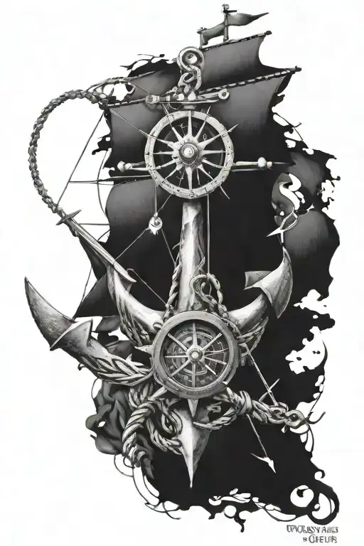 Anchor And Compass With Ship Design
