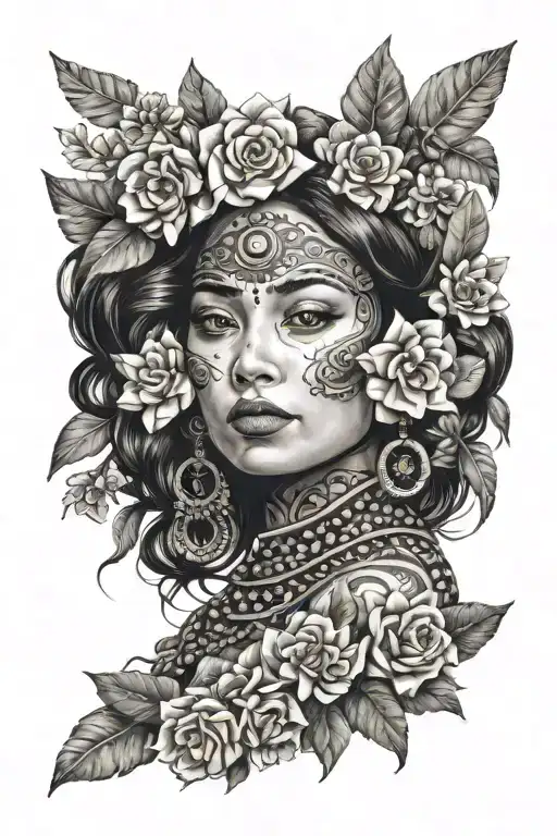 Mexican Native Woman With Flowers Intertwined