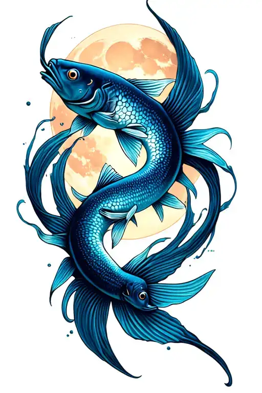 Pisces Fish Swimming Around Each Other With A Moon In The Middle