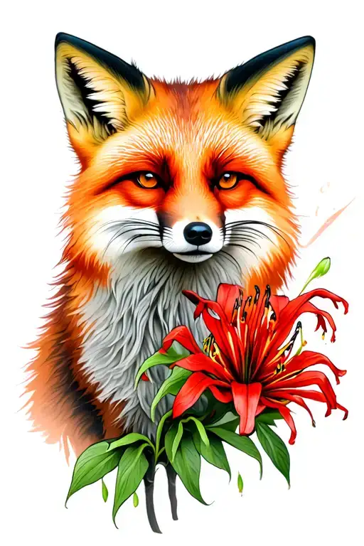 Fox With Red Spider Lily Flower In Back