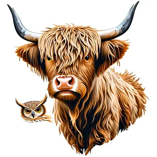 Highland Cow With Owl Flying
