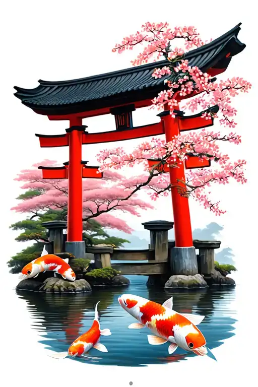Torii Gate With Koi Fish And Cherry Blossoms