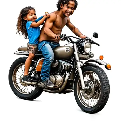 Man On Motor Bike And Little Girl On His Shoulders