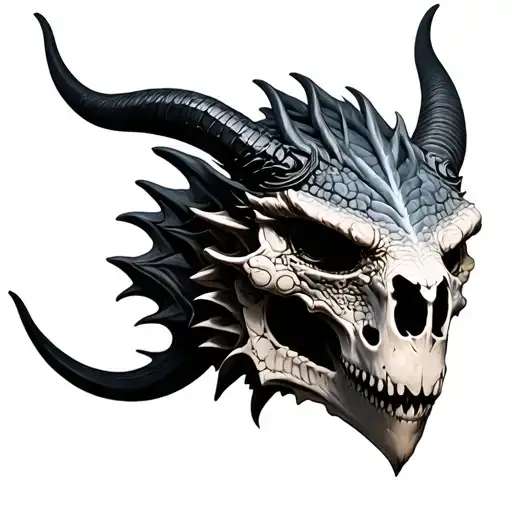 Black And Grey Dragon Skull With Horns Facing Straight