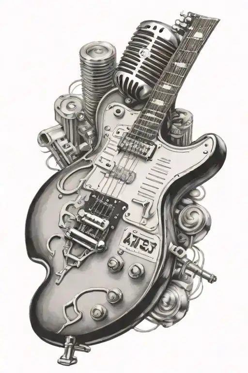 Gibson Les Paul Guitar Merging With Retro Microphone And Piano Keys