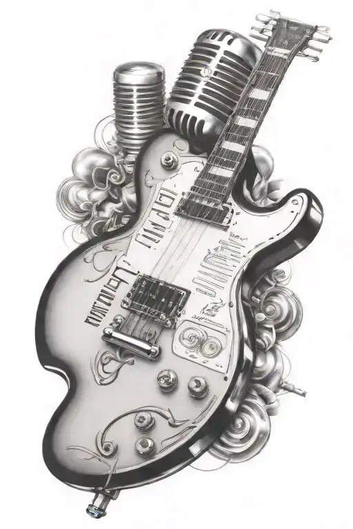 Gibson Les Paul Guitar Merging With Retro Microphone And Piano Keys