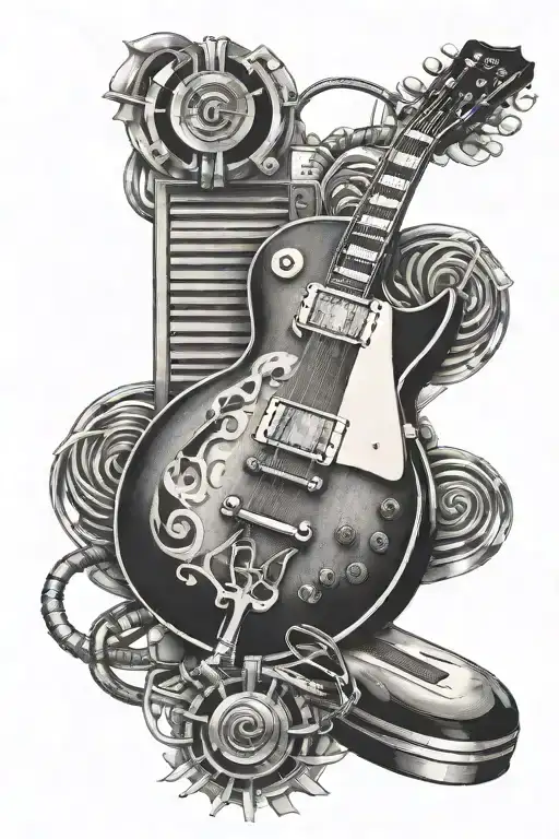 Gibson Les Paul Guitar Merging With 1 Retro Microphone And 20 Piano Keys