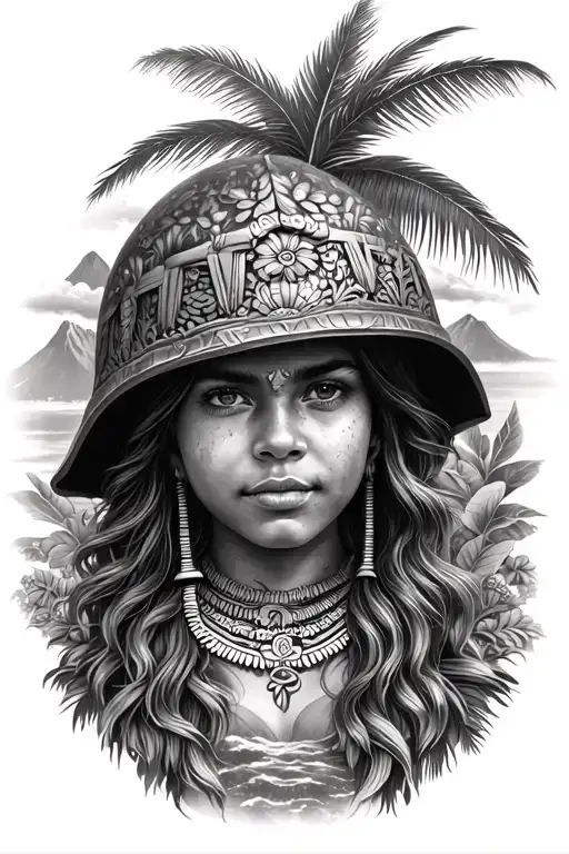 Hawaii Mountains With Hula Girl's Face And An Ikaika Helmet