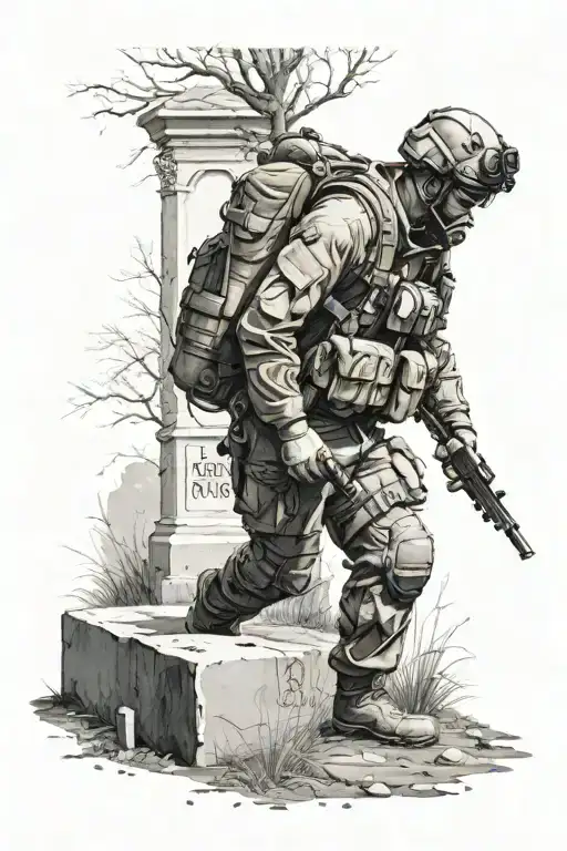 A Man In Tactical Uniform Walks With His Back Turned Past The Entrance To A Grave