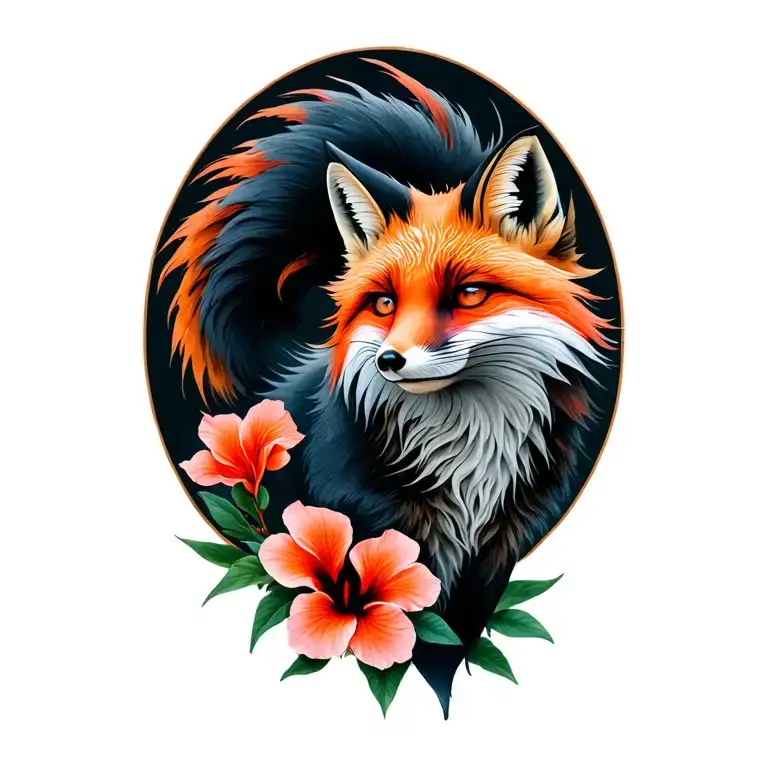 Nine Tailed Fox With Hibiscus Flowers