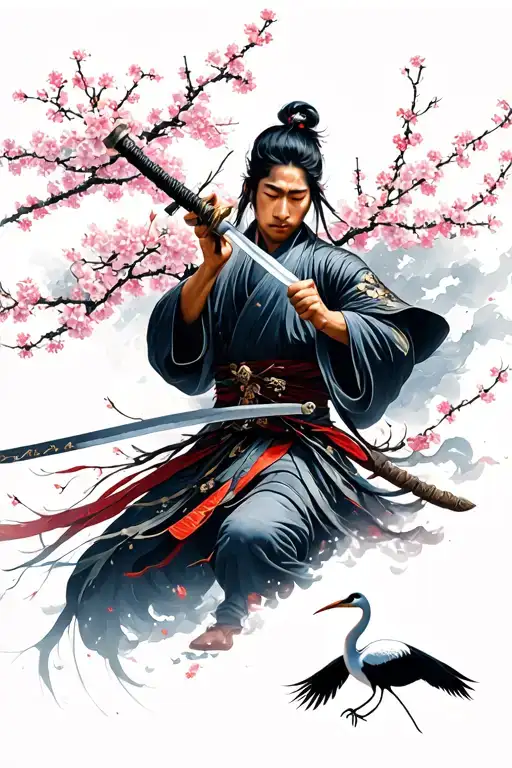 Japanese Warrior Wielding A Sword Around Cherry Blossoms With A Japanese Crane Below