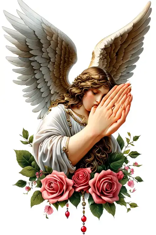Prayer Hand And Angel Wings With Roses And Prayer Beads