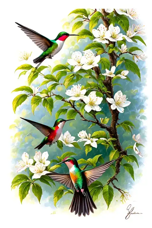 Hummingbirds Flying & Perched In Dogwood Tree
