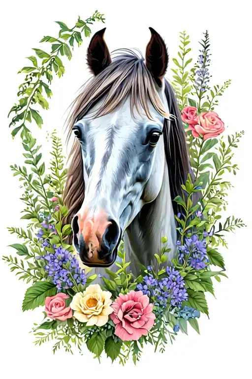 A Horse Surrounded By Flowers And A Rosmary