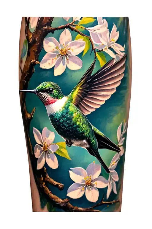 Hummingbird Flying With Dogwood Tree Background