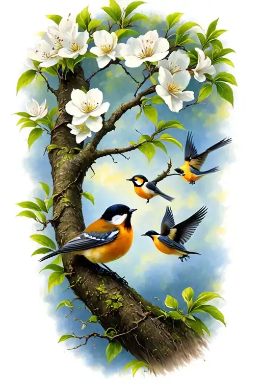 Small Cute Birds Flying Dogwood Tree