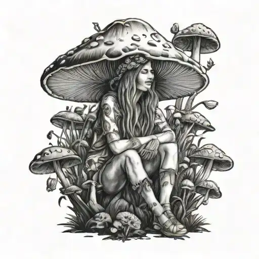 Hippie Girl Sitting On Top Of Mushroom Growing
