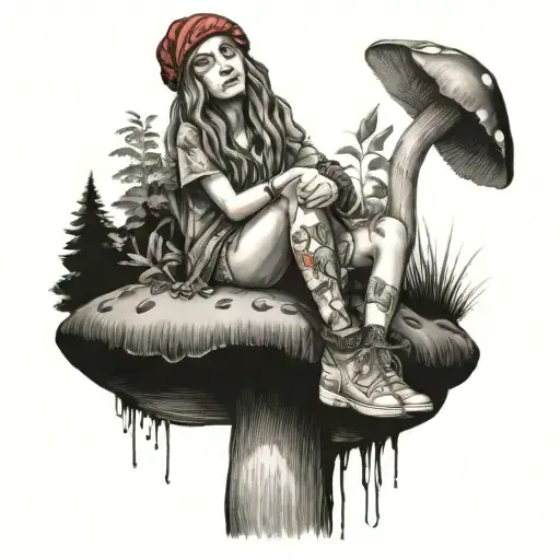 Hippie Girl Sitting On Top Of Mushroom Growing