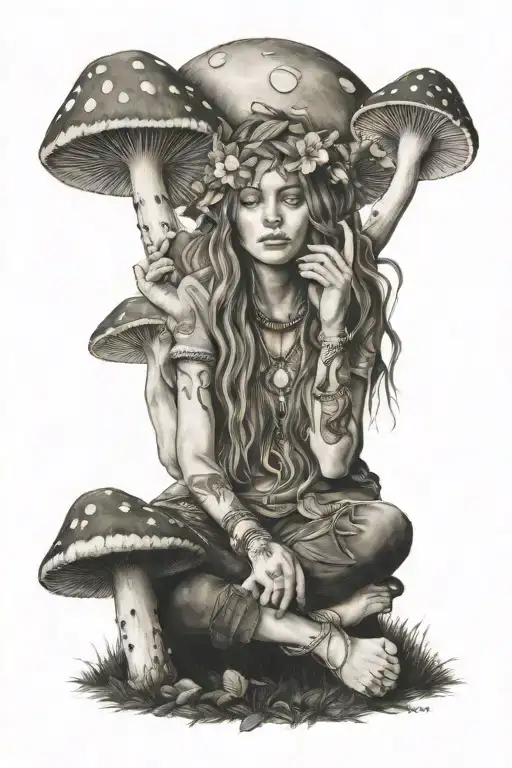 Hippie Girl Meditating On A M Ushroom