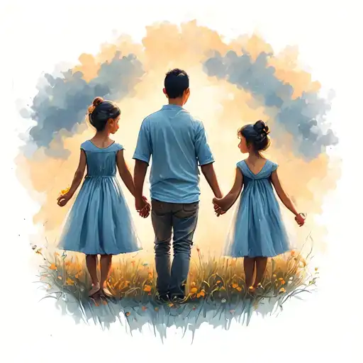 Man With Two Daughter Holding Hands