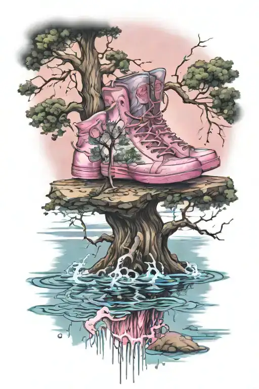 Tree With Pink Shoes Reflecting Off Of Water With Lightning