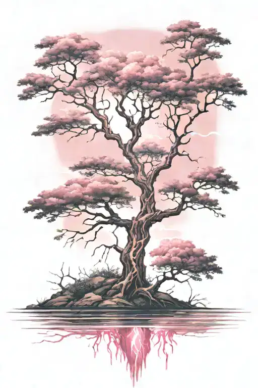 Tree With Pink Hues Reflecting Off Of Water With Lightning