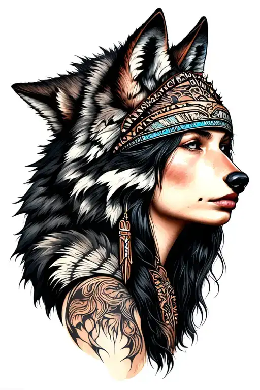 Woman Wearing Wolf Headdress Looking Off Center