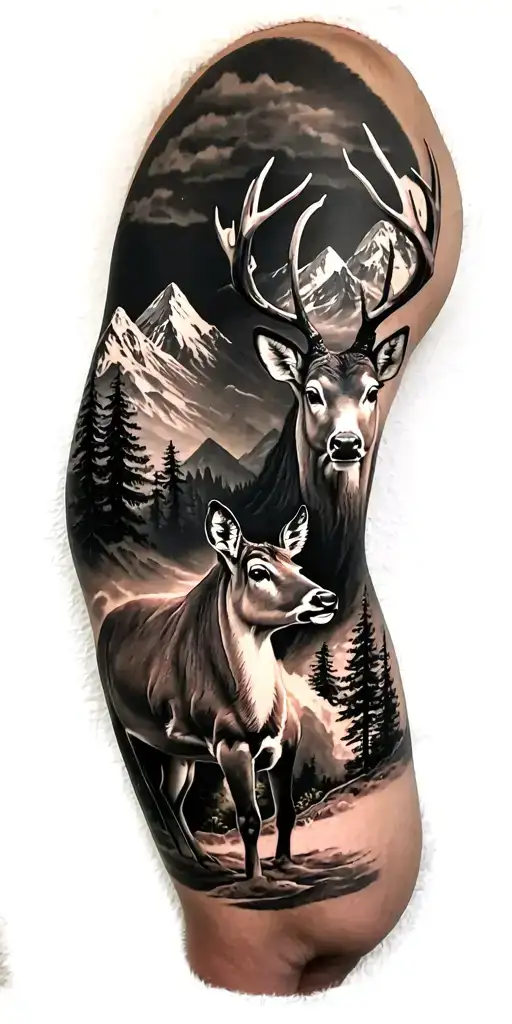 Deer And Mountains And Trees