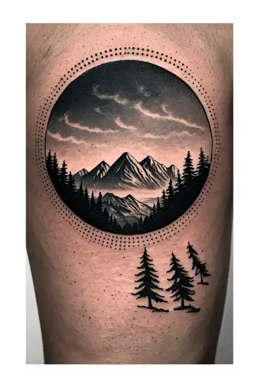 Dotted Circle With Mountains And Trees Inside