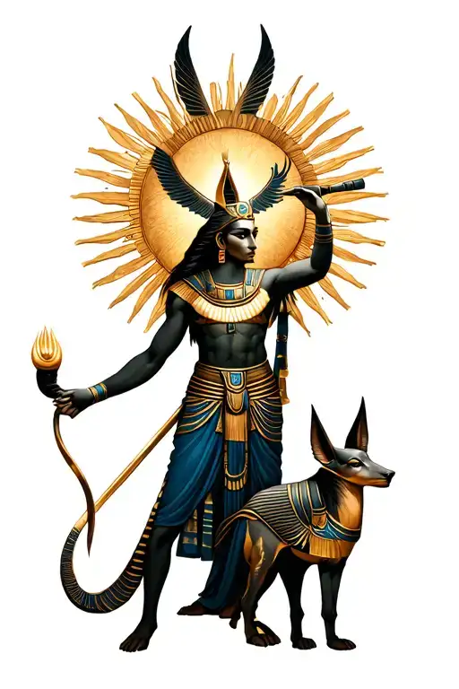 Ra Holding Sun And Anubis Guiding Souls
