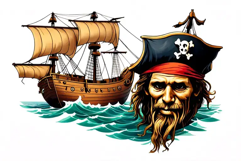 Pirate Ship Seen From The Front With The Face Of Davy Jones Under The Boat